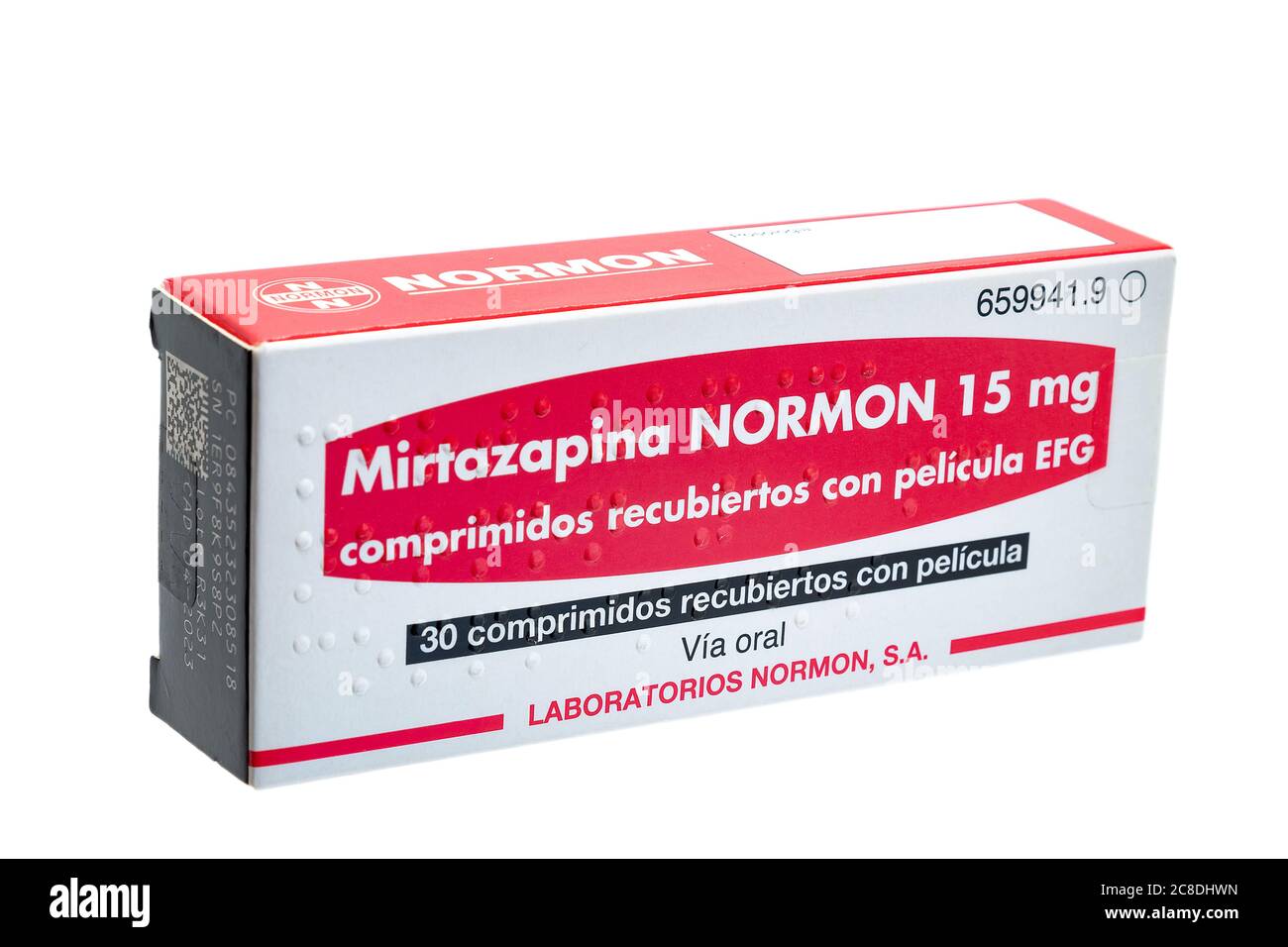 Huelva, Spanien - 23. Juli 2020: Spanische Schachtel mit Mirtazapin Normon. Es ist ein Antidepressivum Medizin. Es wird verwendet, um Depressionen und manchmal Obsession zu behandeln Stockfoto