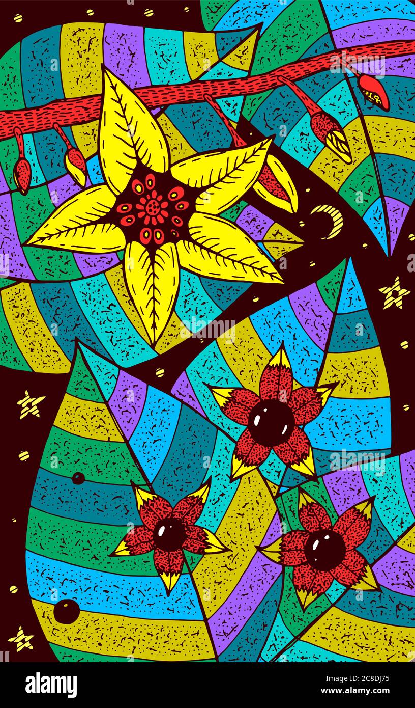 Nachtschatten - florale Illustration. Bunte Pflanzenzeichnung. Grafik psychedelische mehrfarbige Linie Kunst. Vektor-Kunstwerk. Stock Vektor