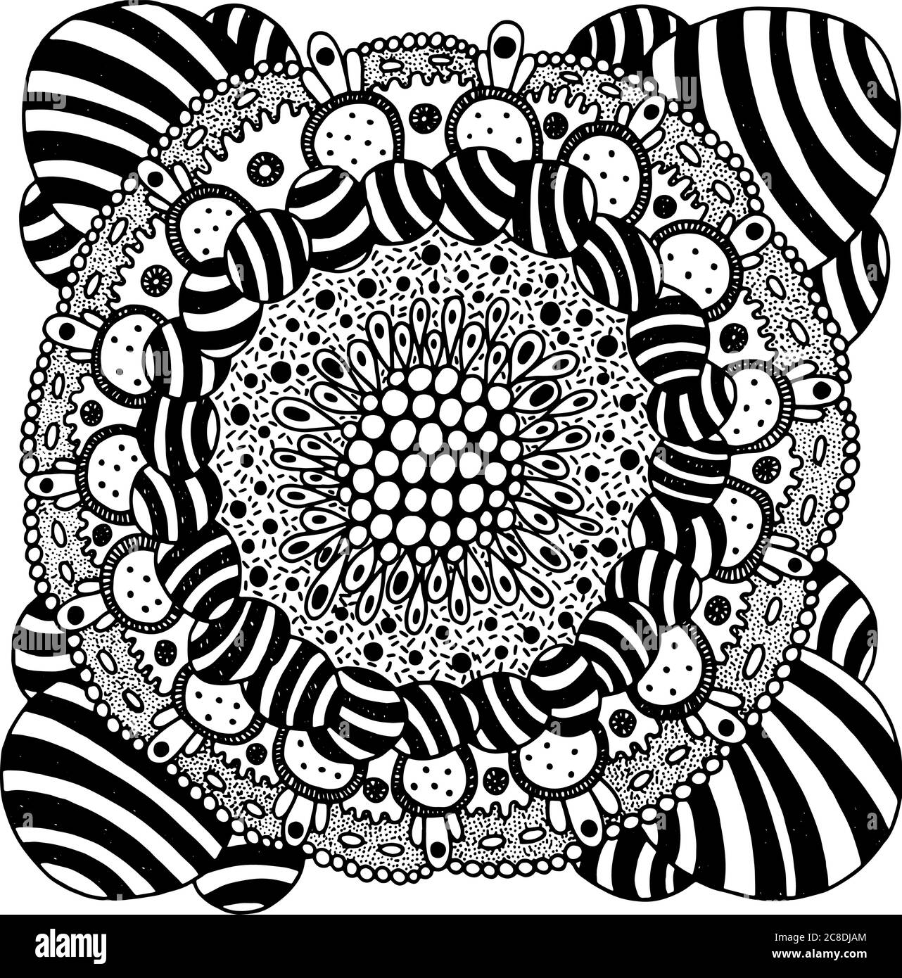 Volkskunst Blume Mandala. Psychedelische Kunst. Malseite für Erwachsene. Schwarz und Whtie Streifen. Surreale Kunst. Tripy Kunstwerk. Vetor-Illustration. Stock Vektor