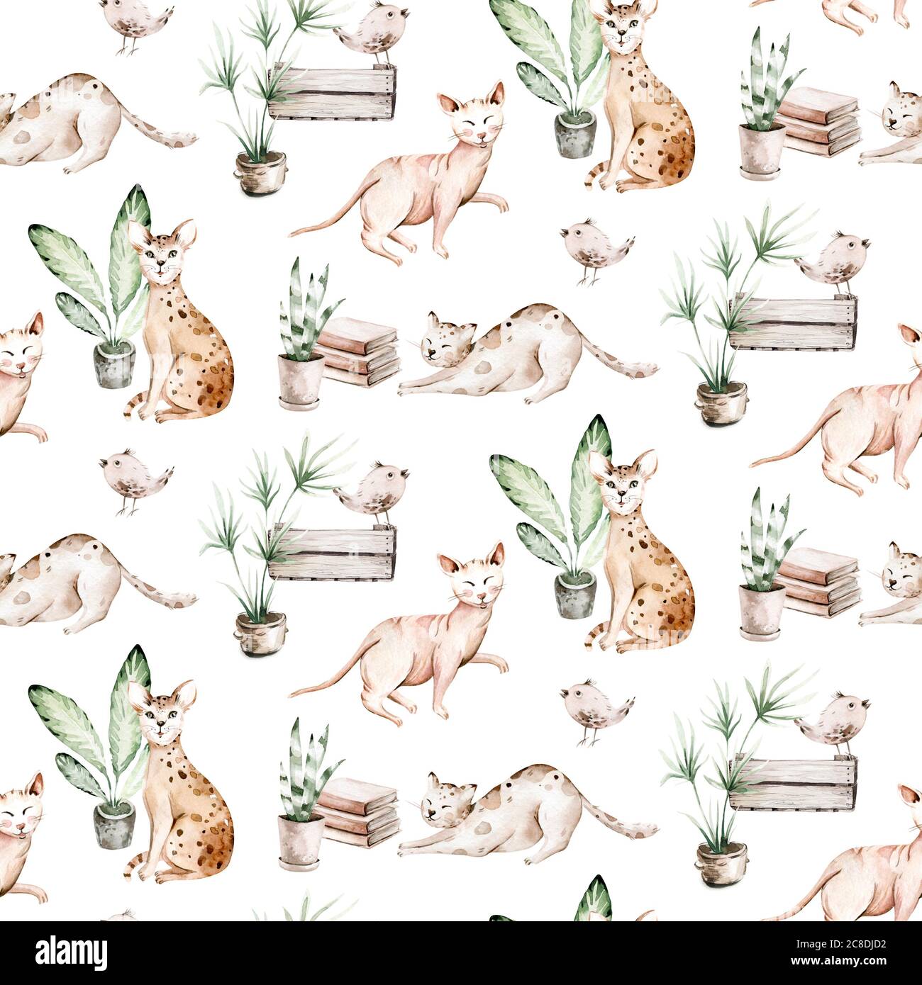 Aquarell Nahtloses Muster mit niedlichen Cartoon Katzen für Kinder auf dem weißen Hintergrund. Kinder Scrapbooking Papier und Wandwaper Design. Stockfoto