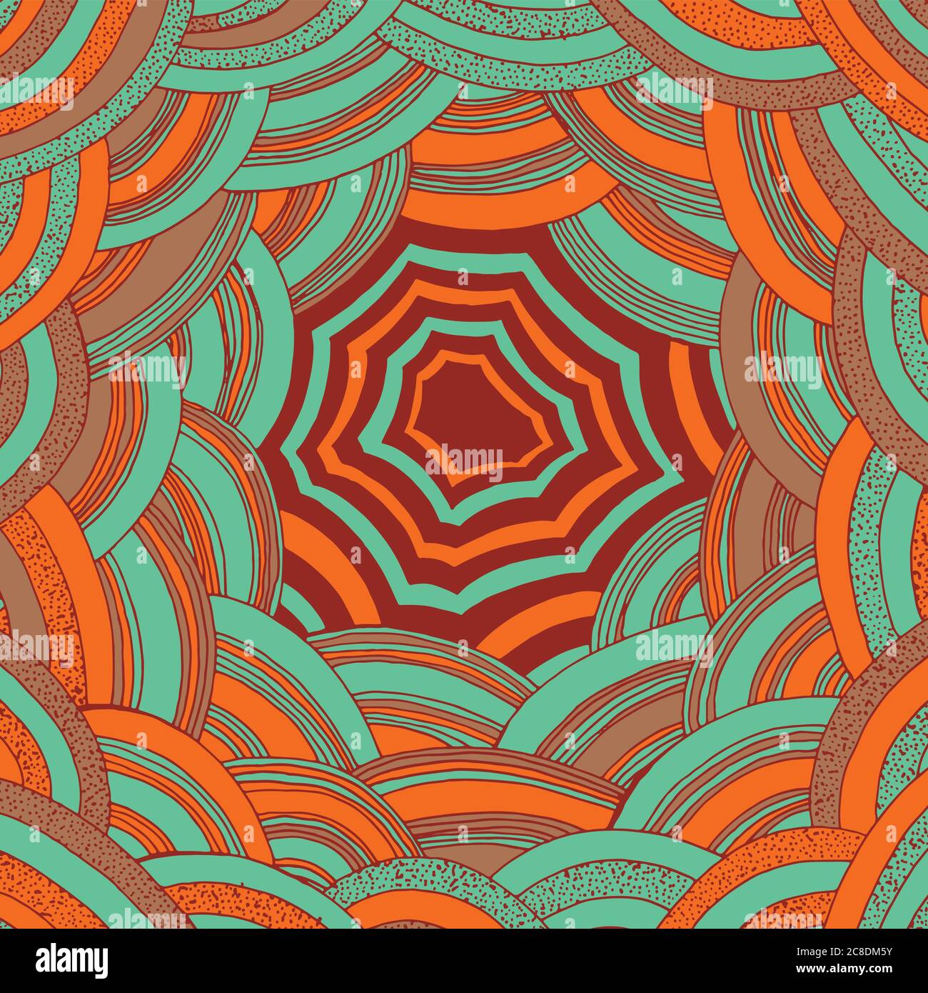 Farbenfrohe orange-blaue Doodle-Streifen-Muster. Volkskunst der Aborigines abstrakt einfaches Ornament. Psychedelische Textur. Vektorgrafik. Stock Vektor