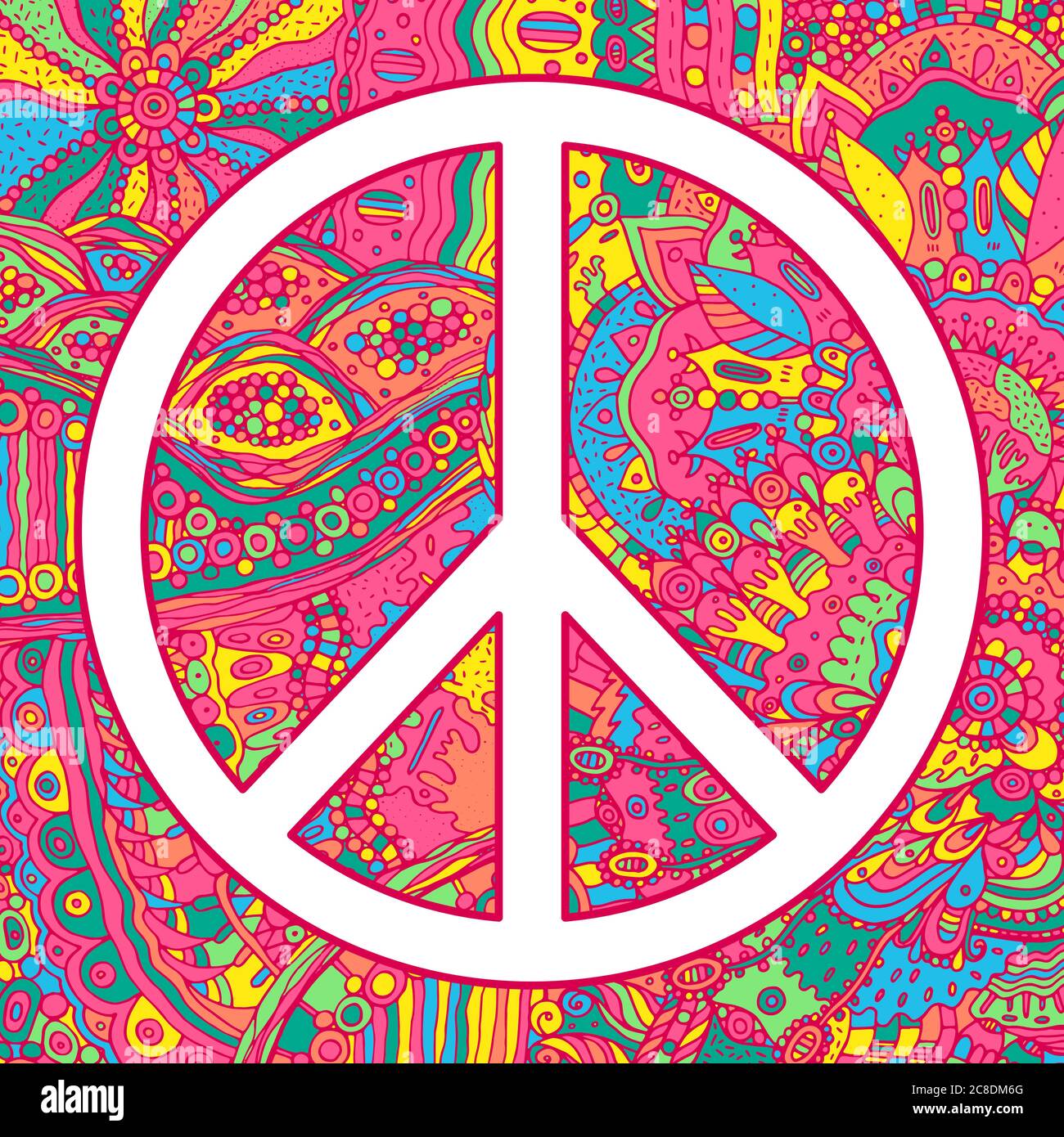 Neonfarben. Pacific Symbol - Hippie 60s Festival Poster. Psychedelisch helle Illustration. Vektordesign. Retro Poster.Bunte Friedensschild Kunstwerk. Stock Vektor