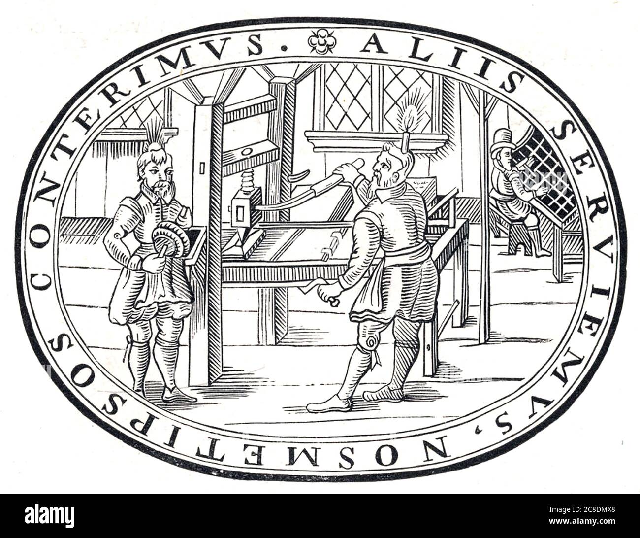 ENGLISCHE DRUCKEREI 1618. Mann sitzt oben rechts ist Sortieren beweglichen Typ. die anderen beiden Männer haben Kerzen auf ihren Köpfen, um ihre Arbeit zu beleuchten. Stockfoto