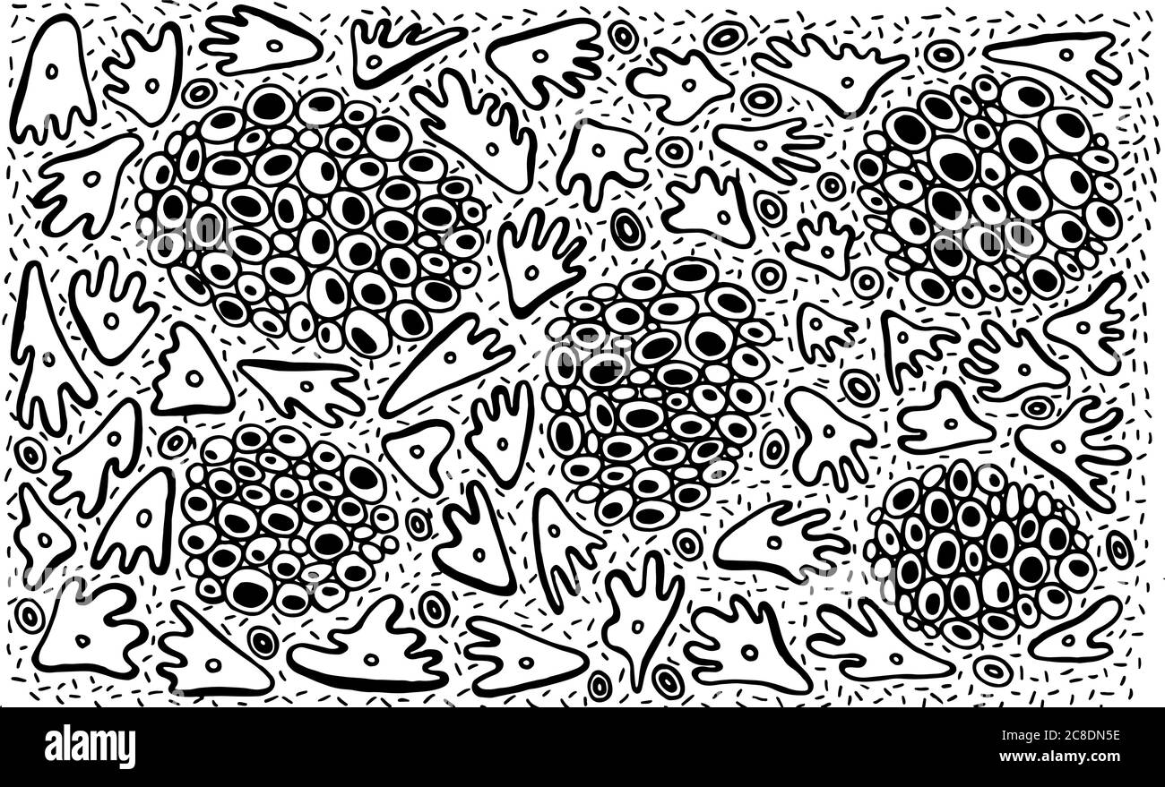 Schwarz-weißes Doodle-Muster. Ornament mit abstrakten organischen Elementen. Psychedelische Zendoodle-Textur. Vektorgrafik. Stock Vektor