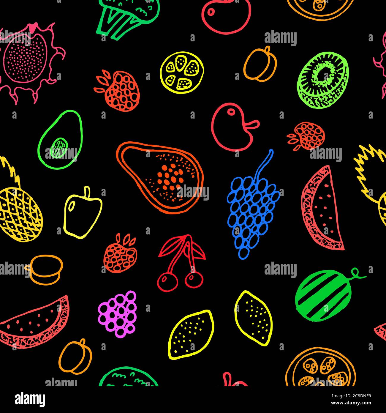 Stylische Hipster-grüne Designvorlage - farbenfrohe tropische Fritzen auf der schwarzen Kulisse. Vektordesign-Vorlage. Doodle Mode Hintergrund. Neonfarbe Stock Vektor