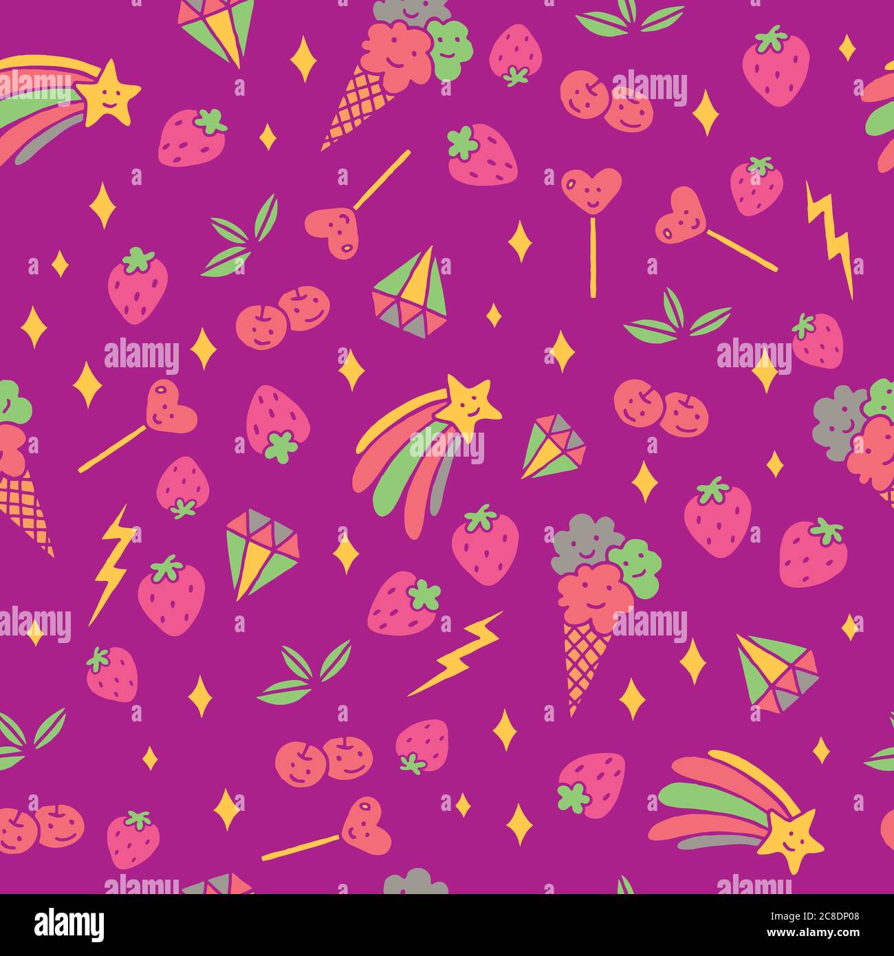 Cartoon kawaii nahtlose Muster mit Erdbeeren, Kirschen, Sternen, Regenbogen, Diamanten. Niedlichen Doodle Hintergrund. Pastellfarben. Partykulisse. Mode Stock Vektor