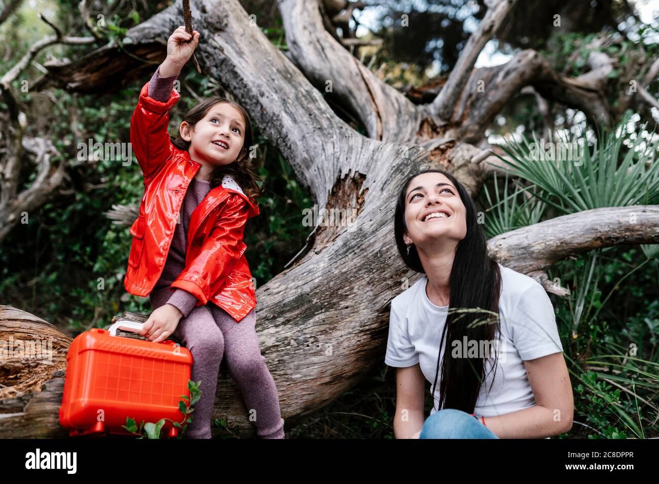 Mutter und Tochter spielen im Wald Stockfoto