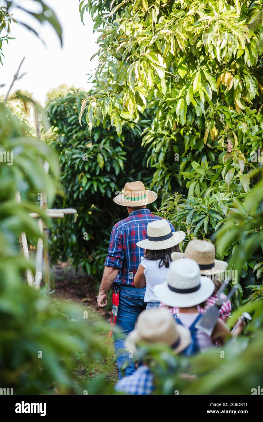 Grandfahter mit Gruppe von Kindern im Garten Stockfoto