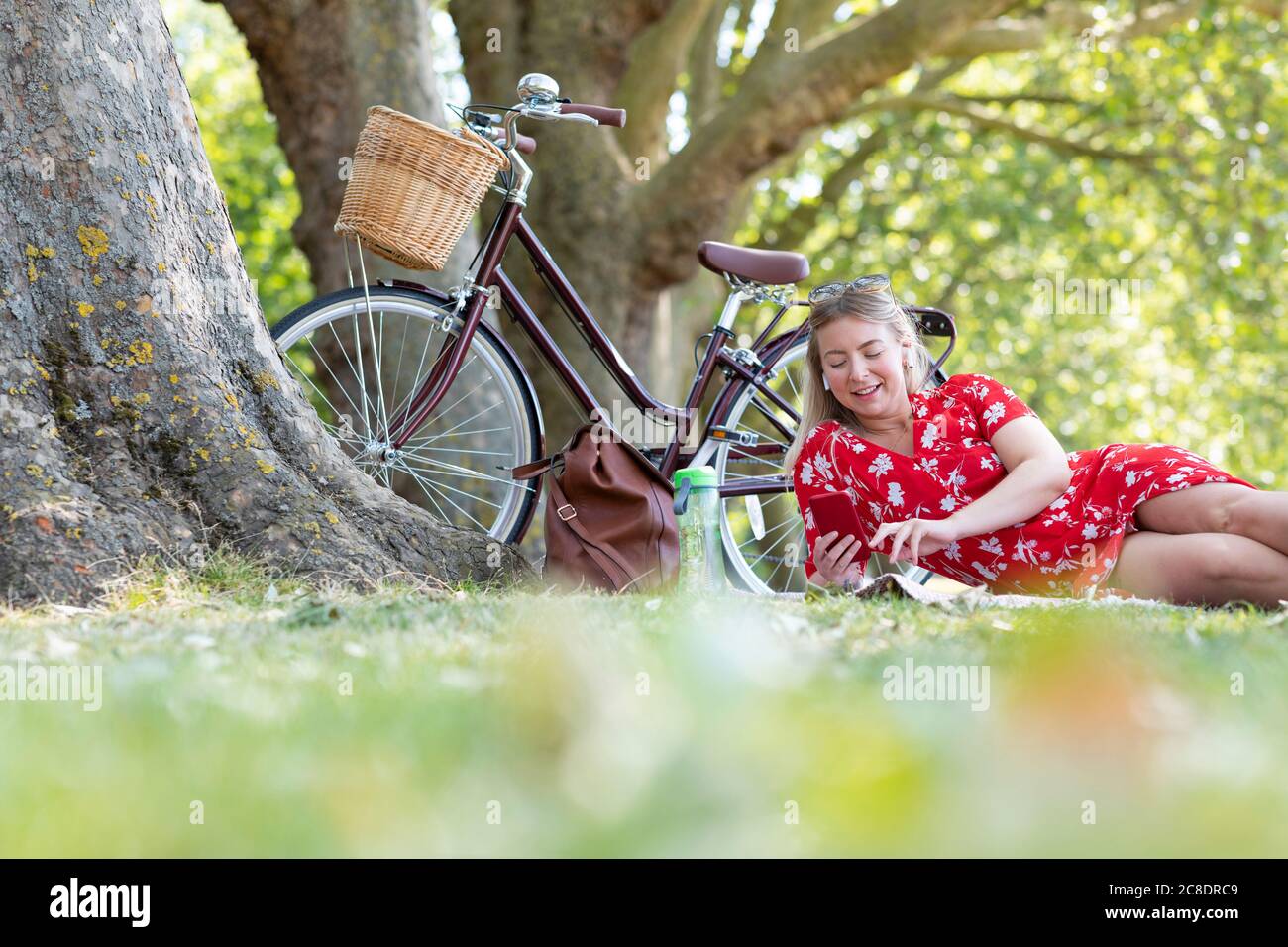 Schöne Frau mit Smartphone, während im öffentlichen Park liegend Stockfoto