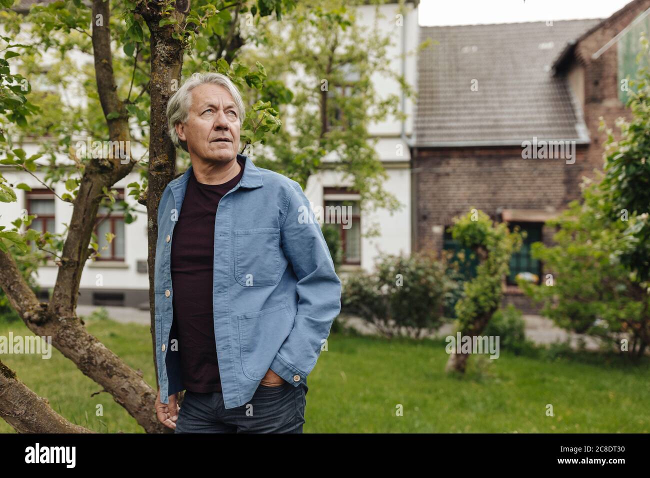 Älterer Mann, der in einem ländlichen Garten steht und nach oben schaut Stockfoto