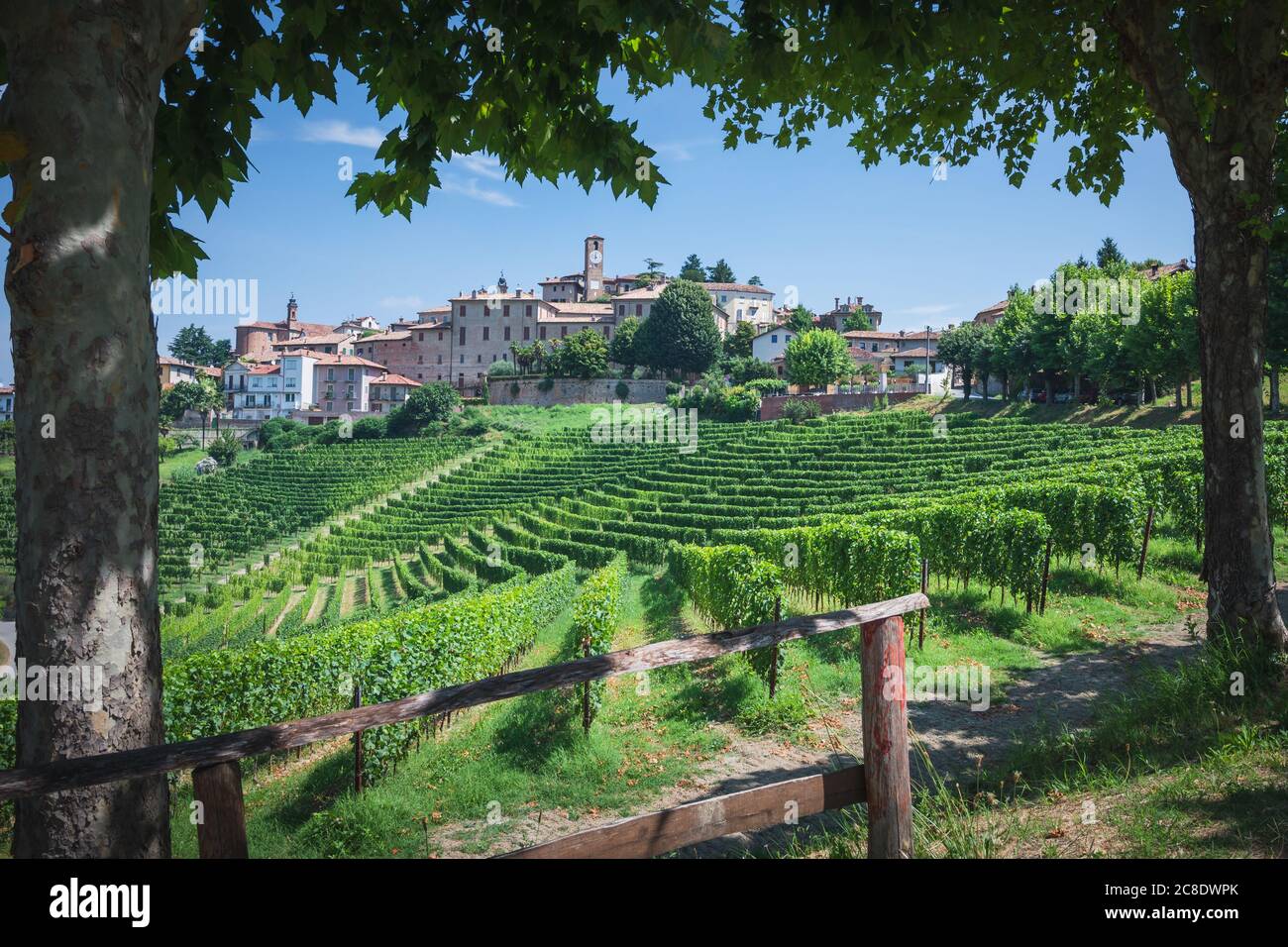 Schöne italienische Landschaft. Neive Blick auf die Stadt von Langhe, italienische Wahrzeichen. UNESCO-Weltkulturerbe Stockfoto