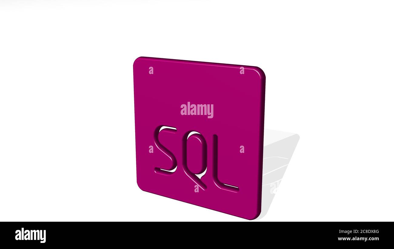 sql aus einer Perspektive mit dem Schatten. Eine dicke Skulptur aus metallischen Materialien von 3D-Rendering Stockfoto