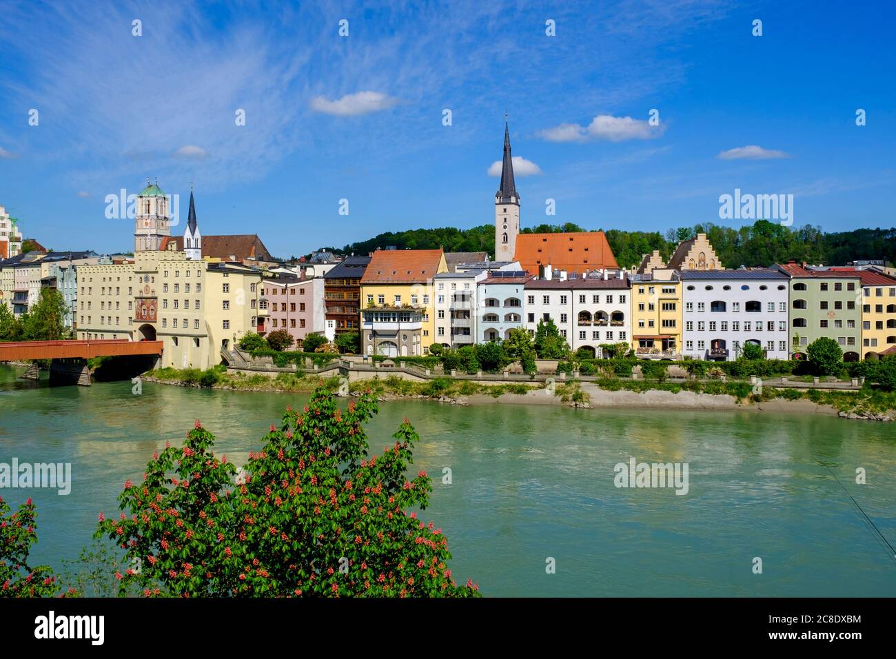 Deutschland, Bayern, Oberbayern, Wasserburg am Inn, Blick auf Altstadt und Fluss Stockfoto