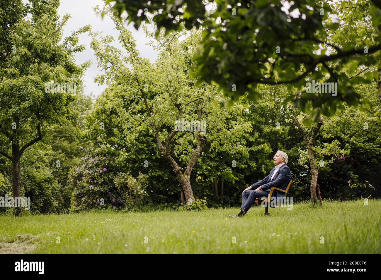 Ein älterer Geschäftsmann sitzt auf einem Stuhl in einem ländlichen Garten Stockfoto