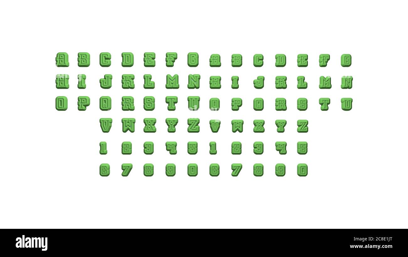 Vollständiger Satz englischer Buchstaben in 3D-Illustrationen, die auf zwei Seiten getrennt sind, um Perspektiven, Lichteinschlüsse und Schatten für realistische Kombinationen auf weißem Hintergrund zu erhalten Stockfoto