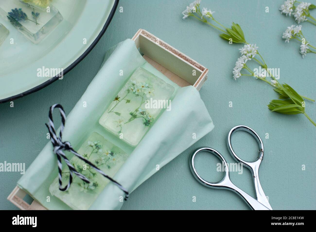 Verschiedene Wildblumen in durchsichtigen Stäben von Glycerin Seifen gegossen Stockfoto