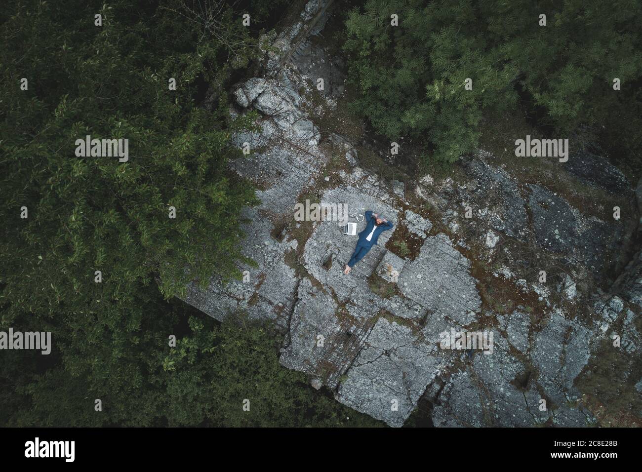 Drohne Aufnahme von Geschäftsmann tragen Anzug entspannen mit Laptop auf Land im Wald Stockfoto