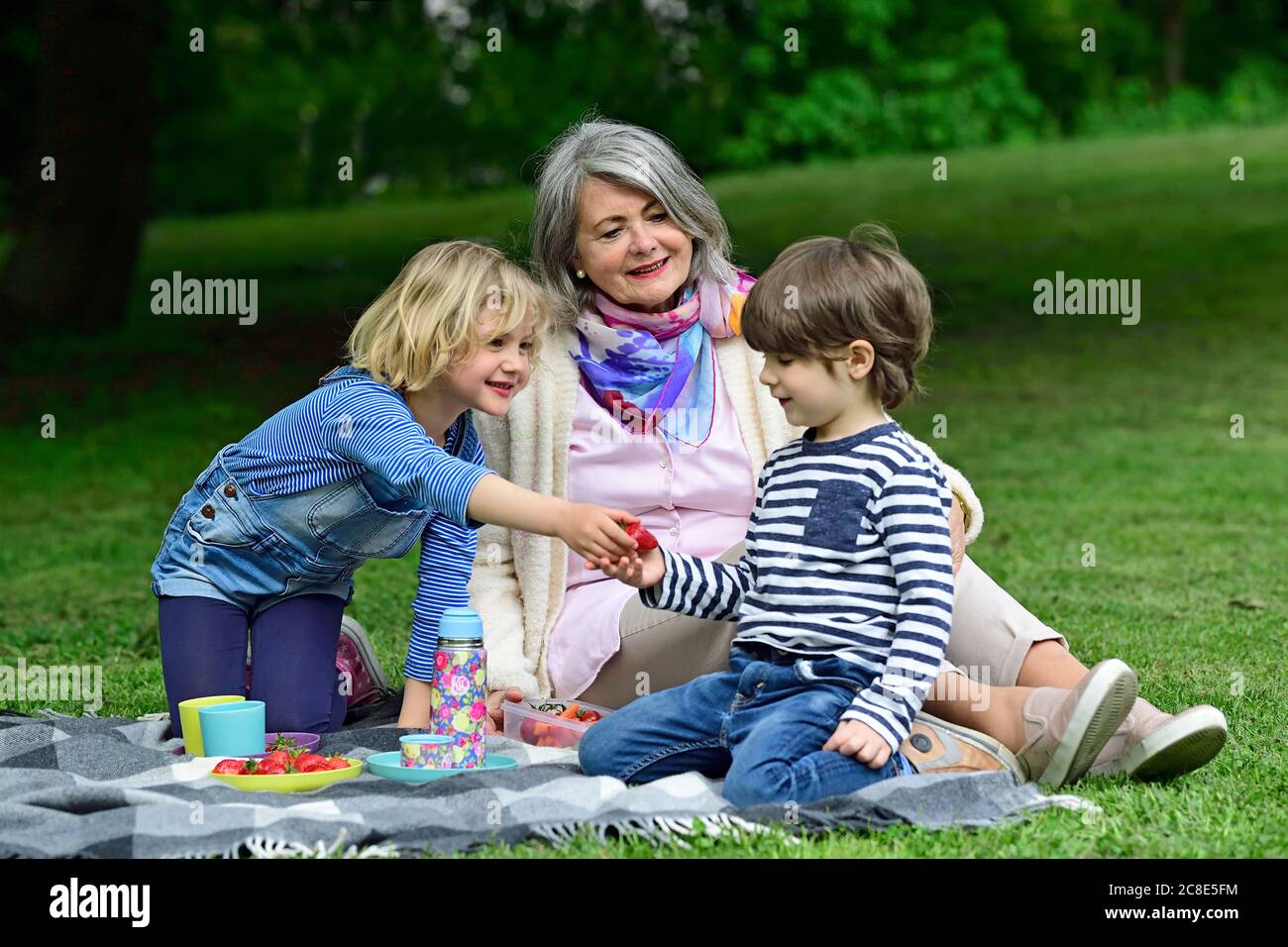 Mädchen geben Erdbeere zu Bruder während sitzen mit Großmutter an parken Stockfoto