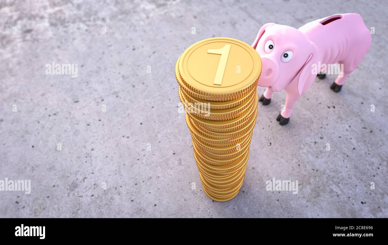 Dreidimensionale Rendering von dünnen unterernährten Sparschwein Blick auf Stapel von Goldmünzen Stockfoto