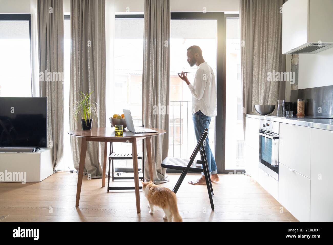 Mann, der mit dem Smartphone an der Frencch-Tür in einer modernen Wohnung steht Stockfoto