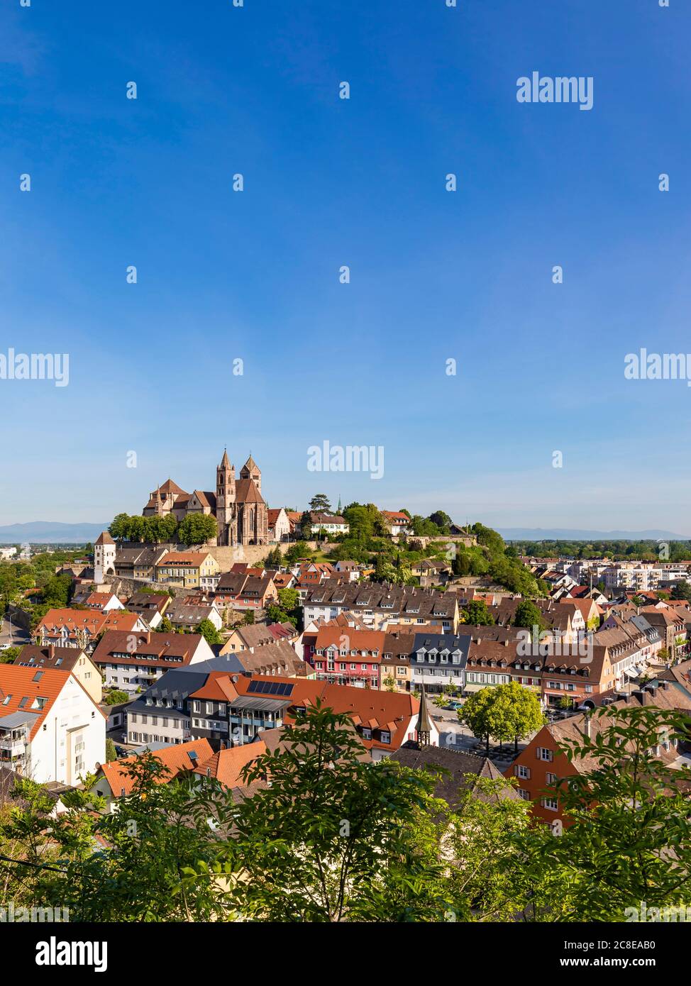 Deutschland, Baden-Württemberg, Breisach, klarer Himmel über Breisacher Münster und umliegenden Häusern Stockfoto