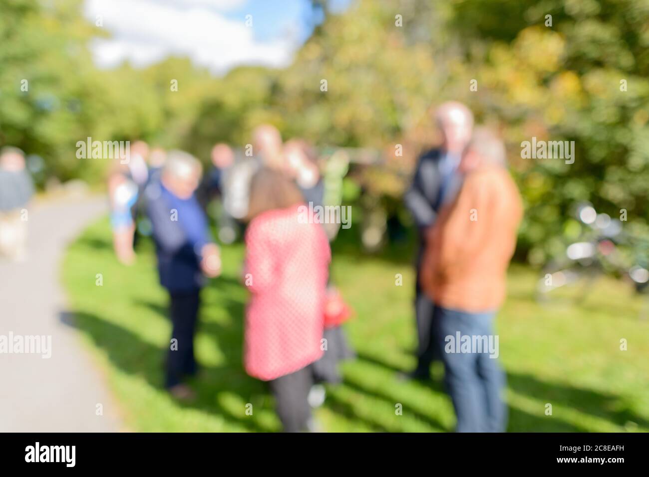 Defokussed Menschen im Park stehen auf Gras Ebene und hohen grünen Bäumen an sonnigen Tag Stockfoto