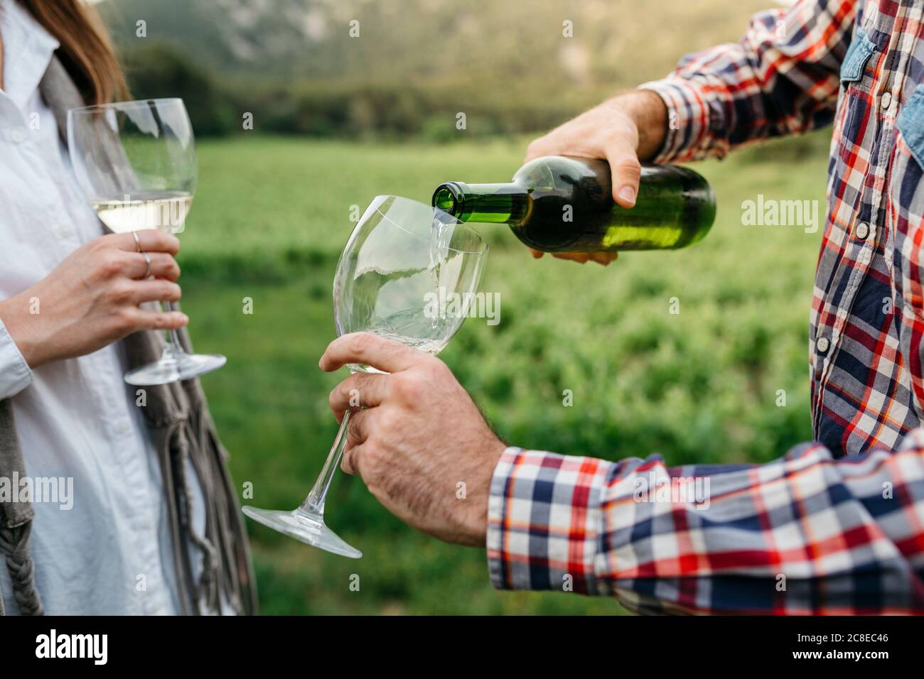 Mann, der Weißwein im Glas serviert, während er mit der Frau steht Im Weinberg Stockfoto