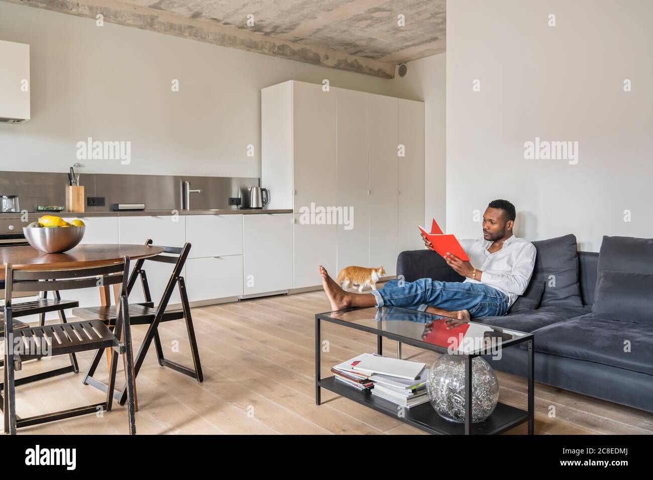 Mann sitzt auf der Couch in der modernen Wohnung ein Buch zu lesen Stockfoto
