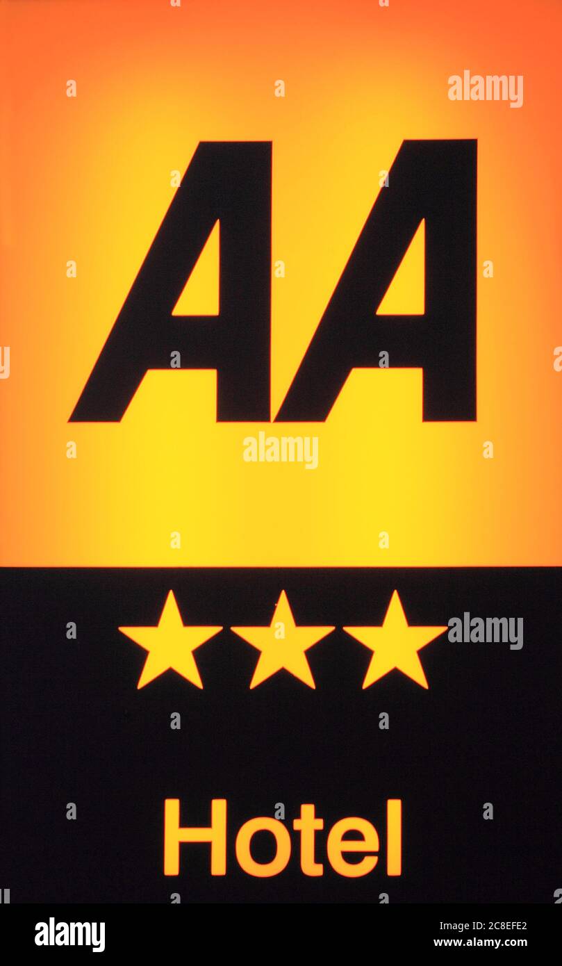 AA, 3 Sterne, Hotelschild, beleuchtet, Automobile Association, England, Großbritannien Stockfoto