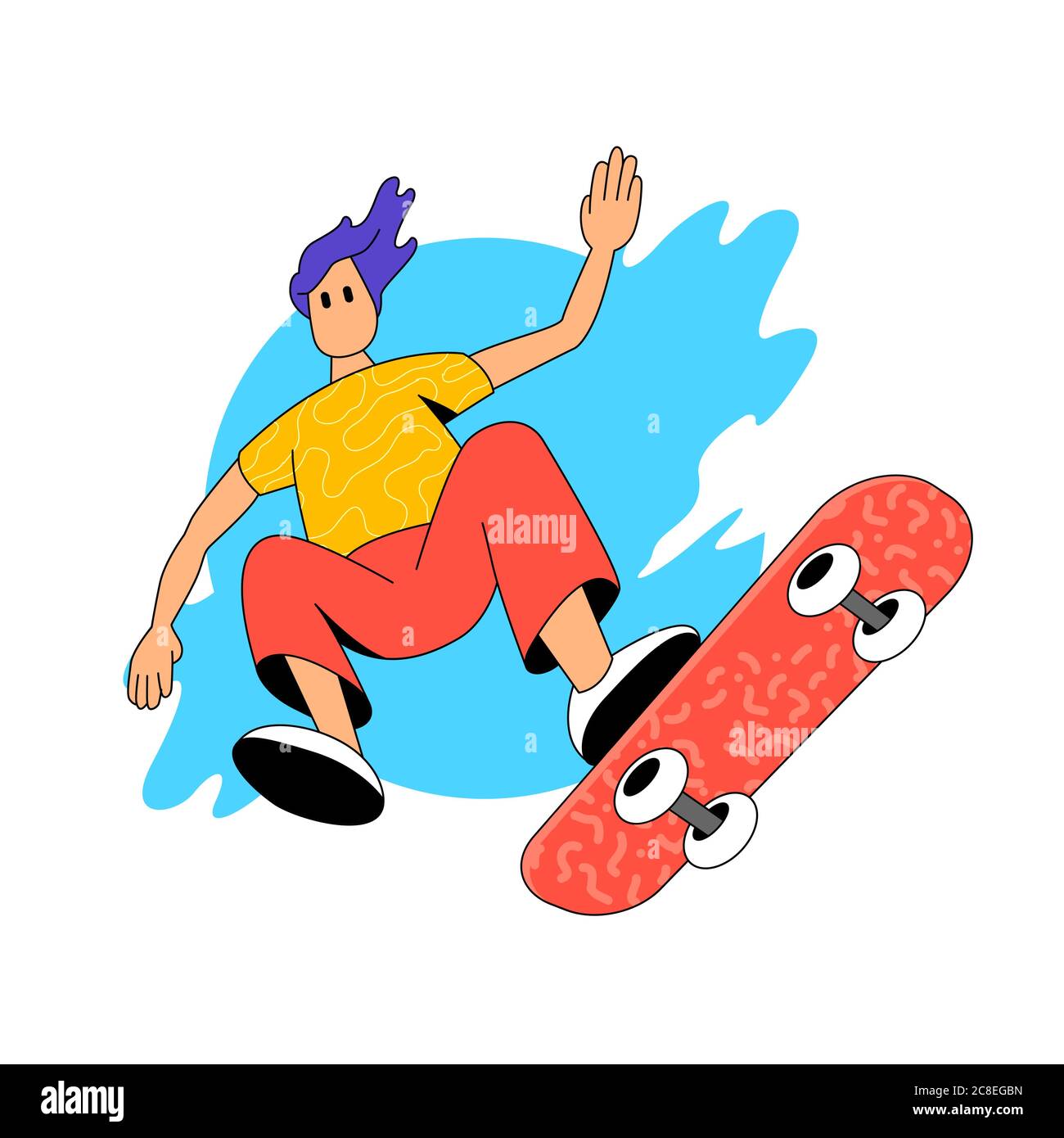 Ein junger Mensch, der auf seinem Skateboard in einem Skatepark springt. Personen Zeichen aktiv Vektor Illustration. Stock Vektor