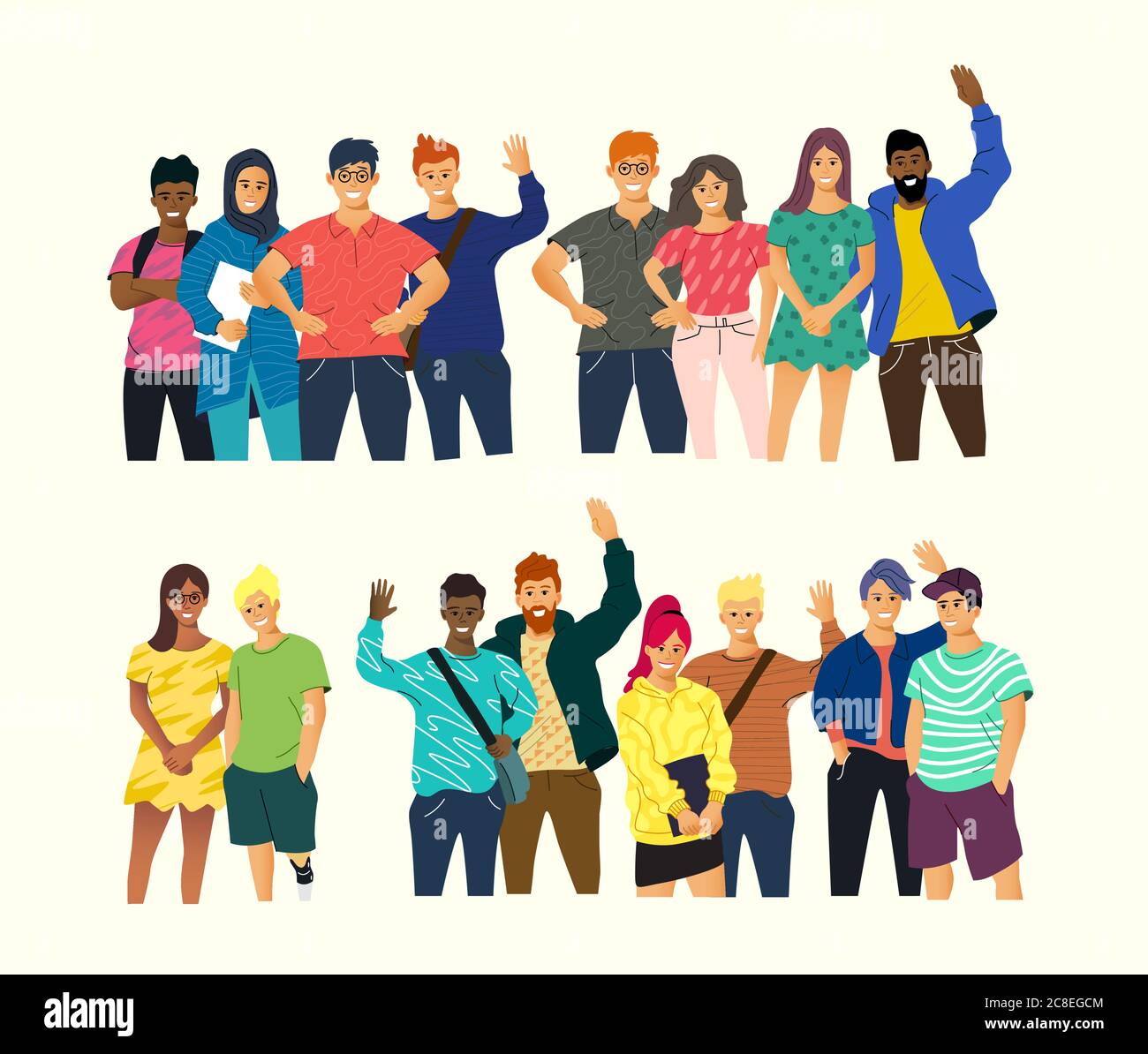 Eine Sammlung junger glücklicher Menschen, die stehen und lächeln. Community und multikulturelle Vektor Menschen Illustration. Stock Vektor