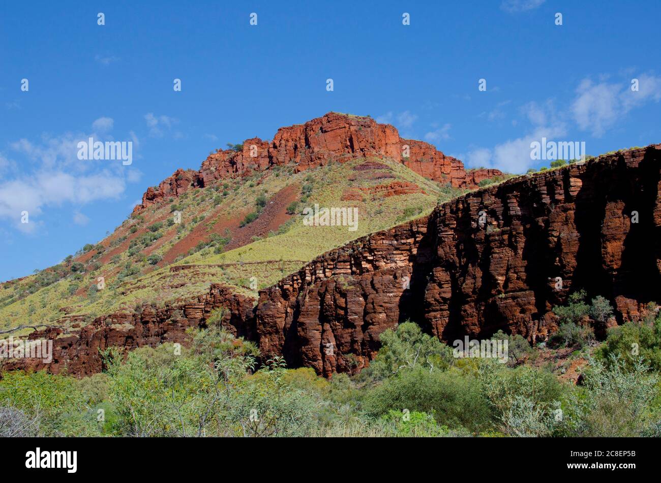 Outback Landschaft in abgelegener Landschaft Australien, mit roten Felsen Bergkette, grünen Busch und Sommer sonnig blauen Himmel als Hintergrund. Stockfoto