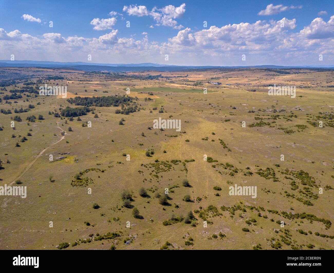 Bird's Eye Luftaufnahme von Kalkstein Kalkstein Karstlandschaft der Causse Noir in den Cevennen Frankreich Stockfoto