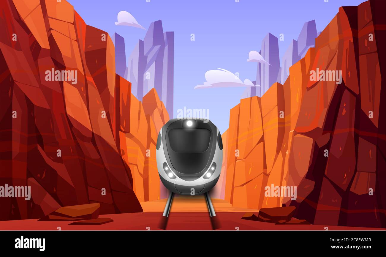 Ein Schnellzug fährt von Hügeln in einer großen Stadt Stock Vektor