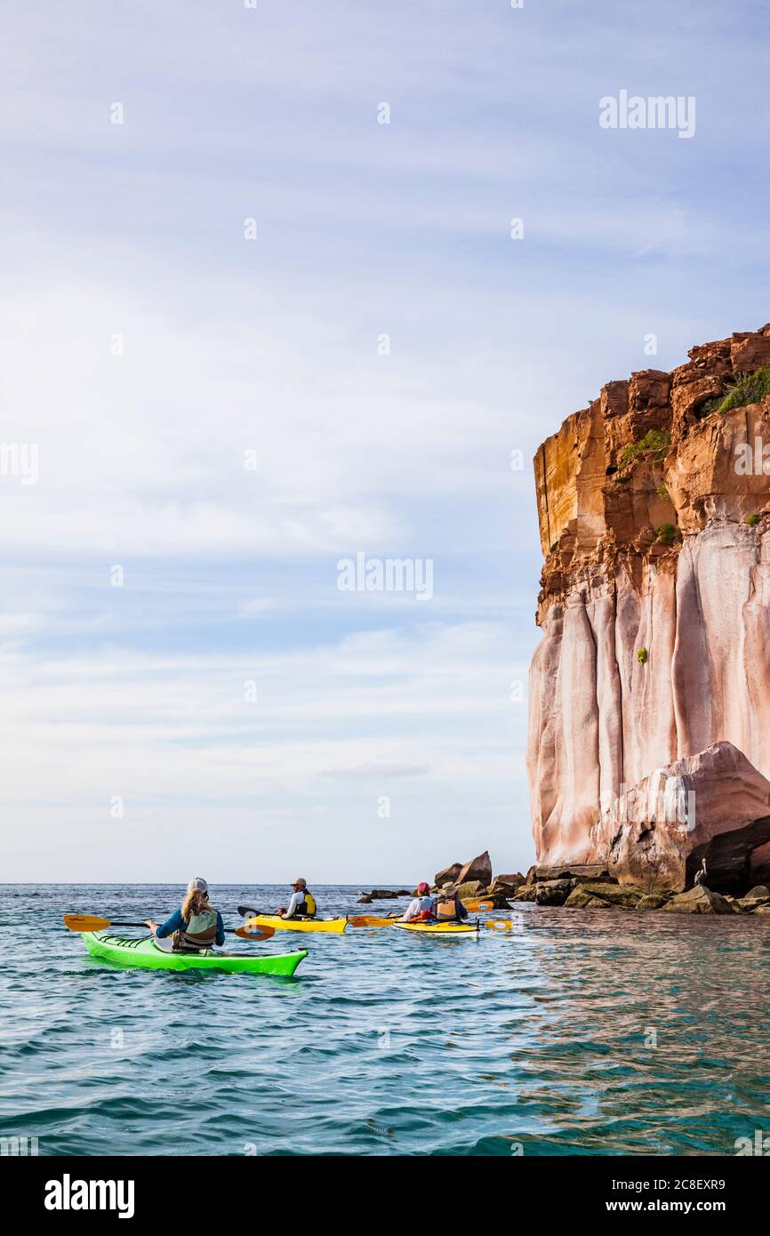 Eine geführte Kajakfahrt auf der Isla Espirito Santo, Golf von Kalifornien, BCS, Mexiko, vor der Küste unter den hohen Sandsteinklippen. Stockfoto