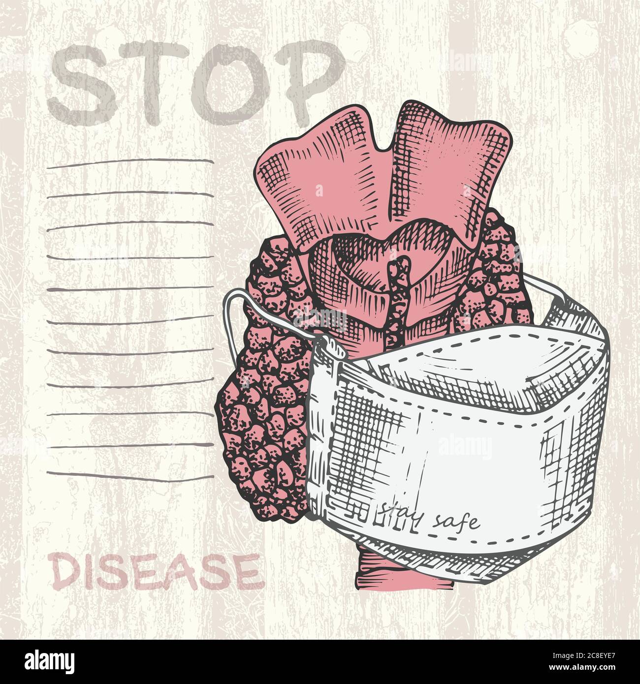 Handgezeichnete Schilddrüse mit medizinischer Maske Tagebuch-Seite menschliche innere Organe Skizzenstil Design für medizinisches Projekt Poster Pathologie Krankheit Stock Vektor