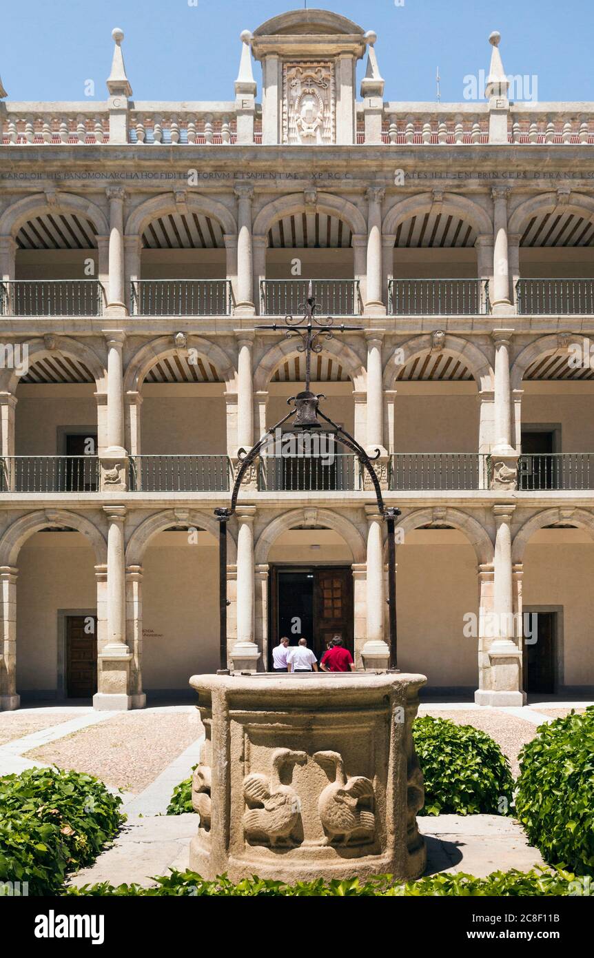 Alcala de Henares, Provinz Madrid, Spanien. Patio Mayor der Antigua Universidad oder Colegio de San Ildefonso aus dem 17. Jahrhundert. Das Schwanenmotiv auf dem We Stockfoto