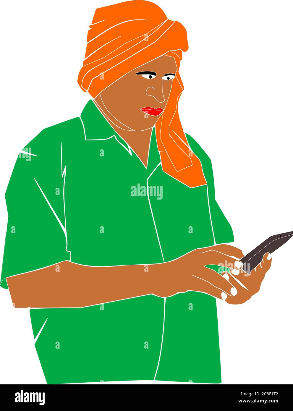 Ein indischer Bauer Cartoon Betrieb Handy auf der Hand trägt grünes Hemd mit orangefarbenen Schal auf dem Kopf. Stock Vektor