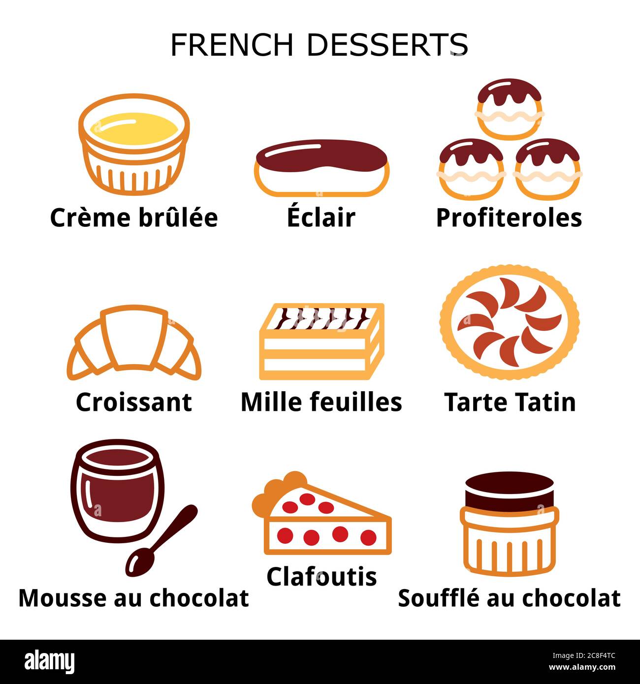 Französische Dessert-, Gebäck- und Kuchen-Ikonen - Creme Brulee, Schokoladenmousse, Souffle Stock Vektor