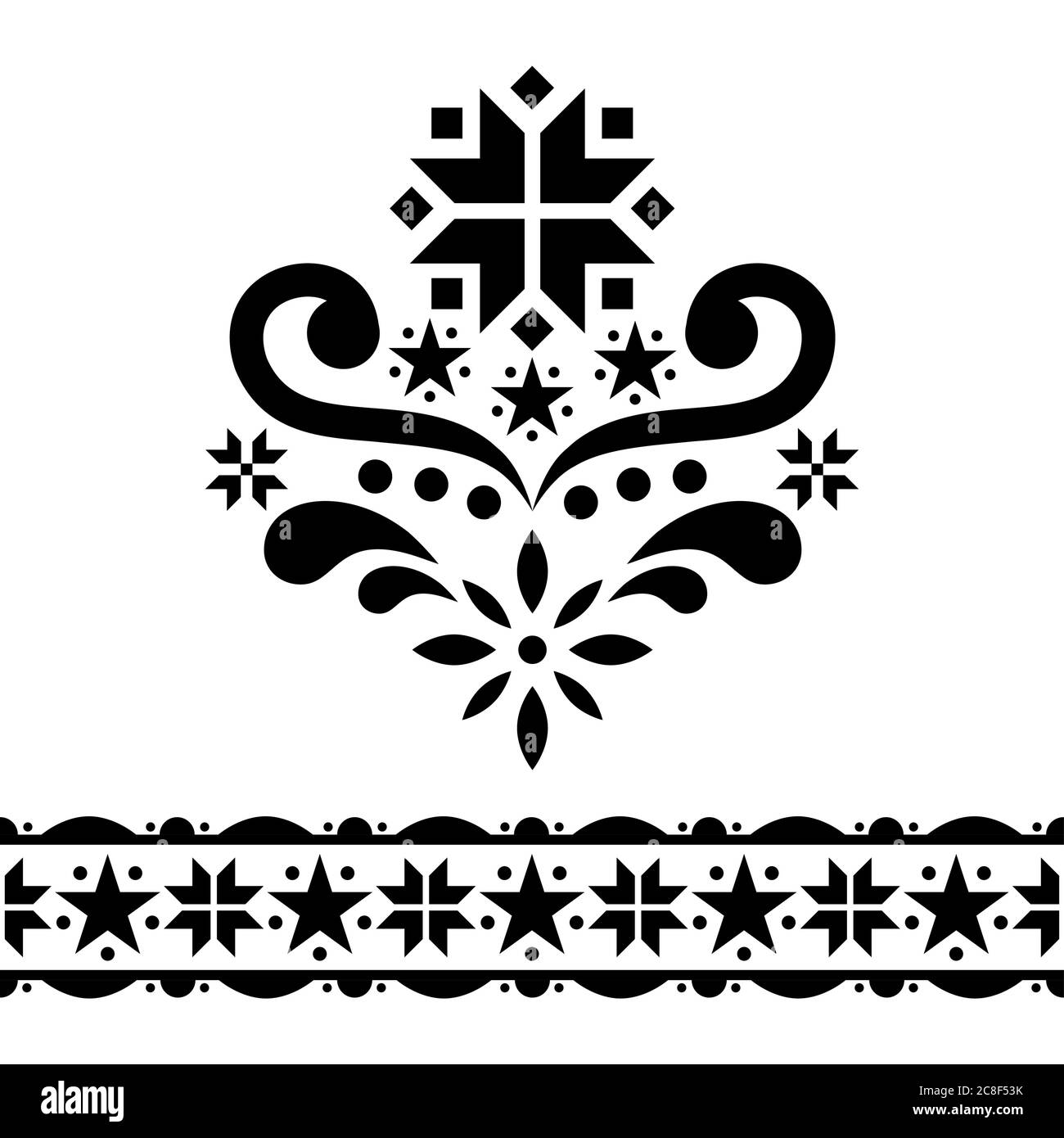 Scandinavian Chrirstmas Volkskunst Vektor Design Set - einzelne Muster Sammlung, niedliche Blumenschmuck mit Blumen und Schneeflocken in schwarz auf weiß BA Stock Vektor