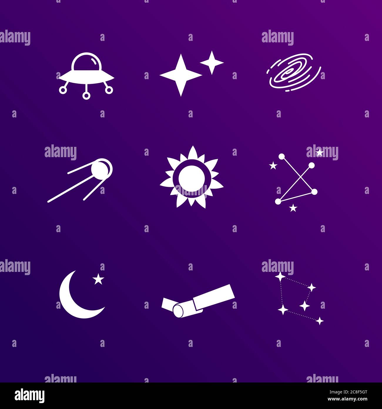 astronomie Symbol Set Vektor, gehören UFO, Sterne, schwarzes Loch, satelitte, Sonne, Umriss mit Sternen, cresent Mond, flaches Design einfach Stock Vektor