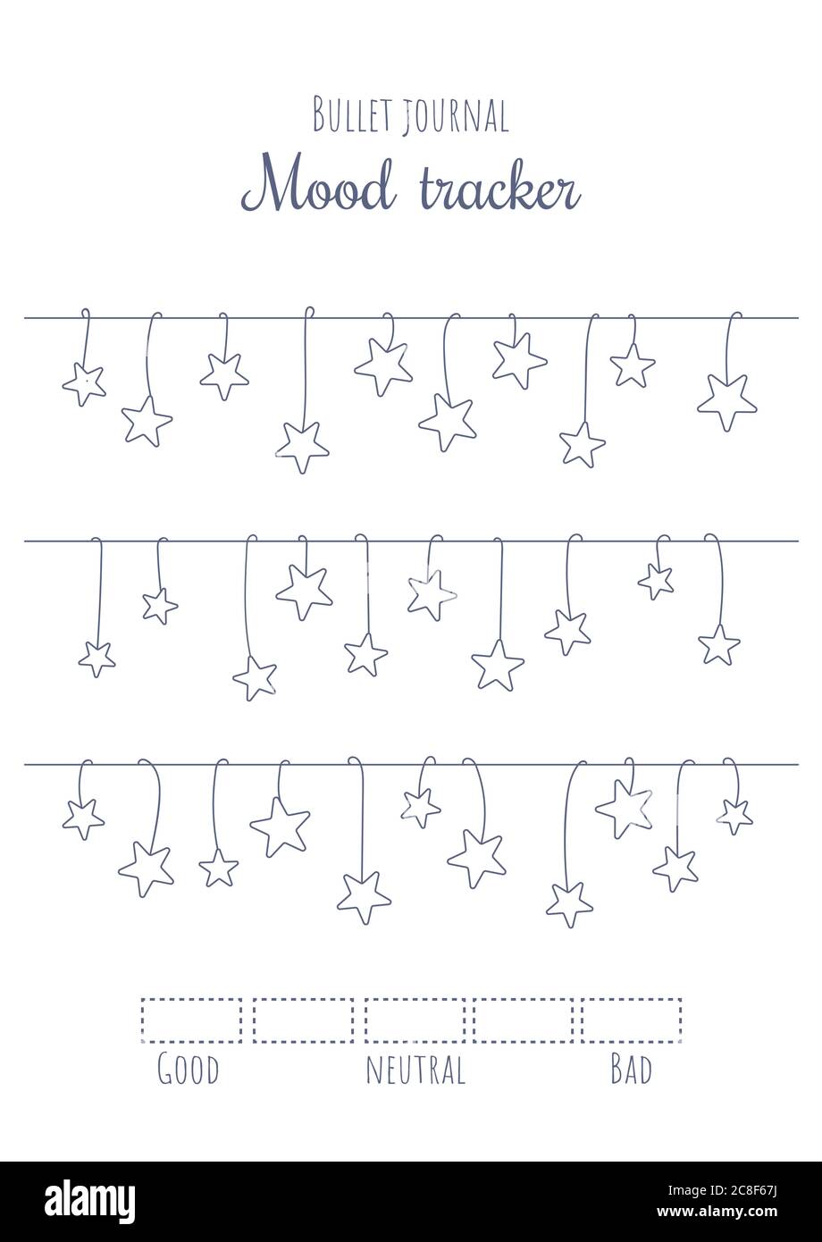 Druckbare Stimmungsverfolgung mit hängenden Sternen. Aufzählungszeichen Journal bereit, um Seitenvorlage zu drucken. Stock Vektor
