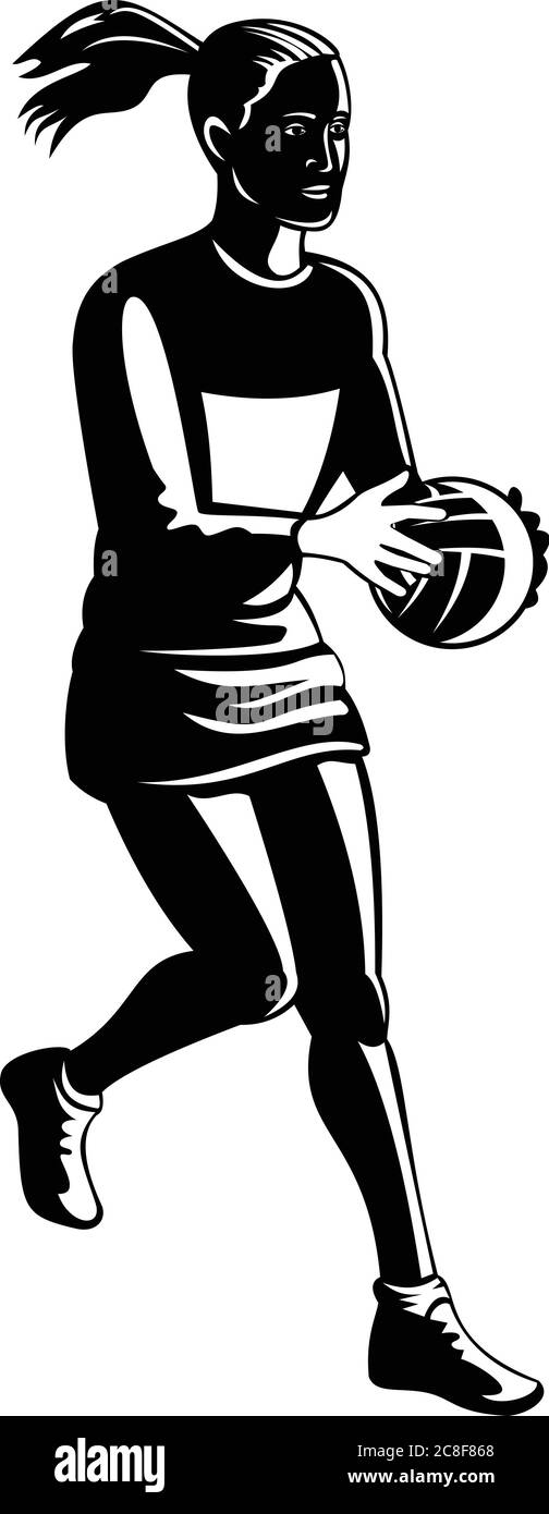 Retro schwarz-weiß Illustration eines Netball-Spieler mit Ball fangen und vorbei von der Seite auf isolierten weißen Hintergrund betrachtet. Stock Vektor