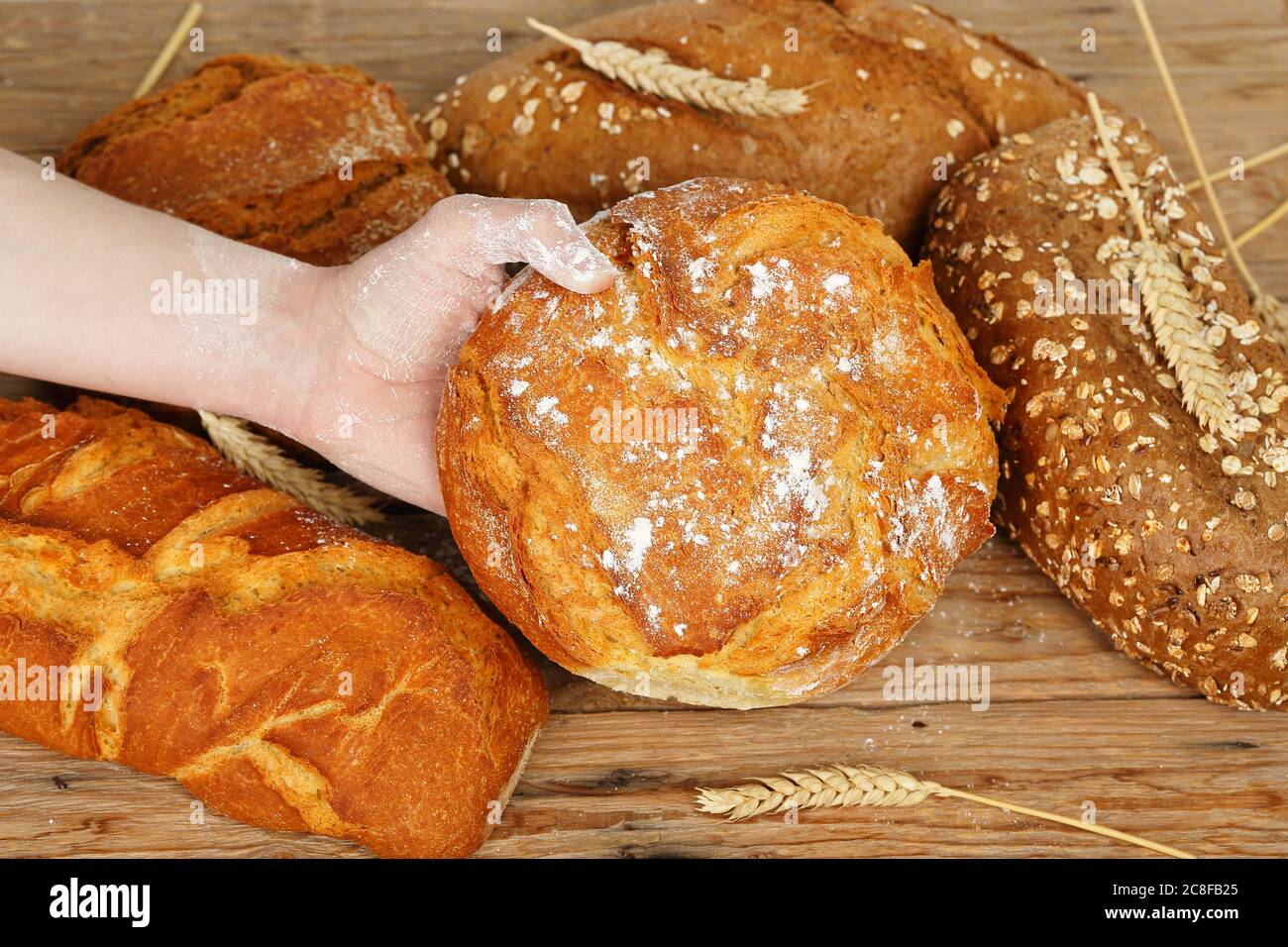 Hand hält traditionelle runde Laib Brot Stockfoto