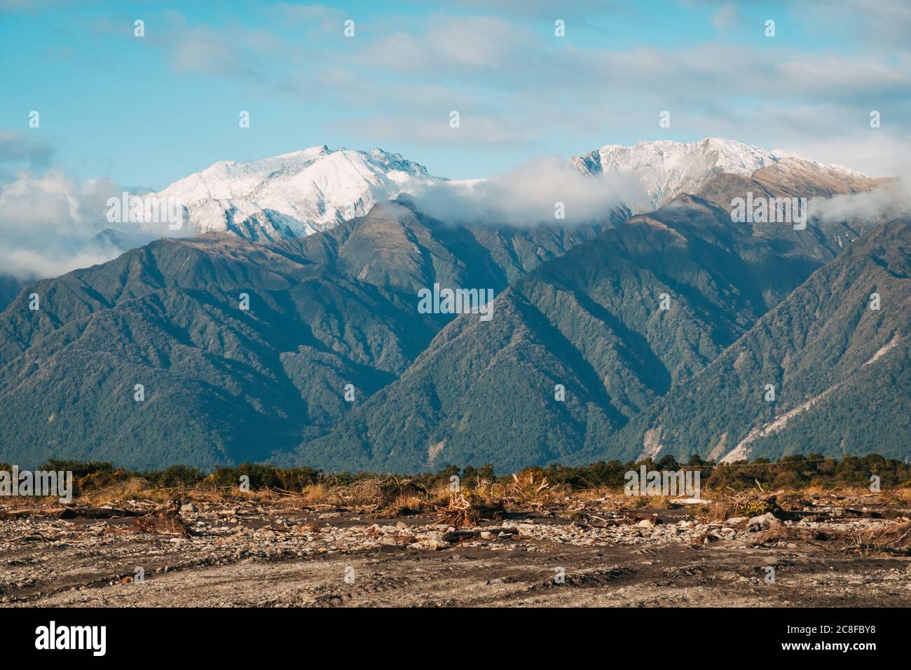 Ein schneebedeckter Mount Adams liegt über der Bergkette in der Nähe von Whataroa, Westland, Neuseeland Stockfoto