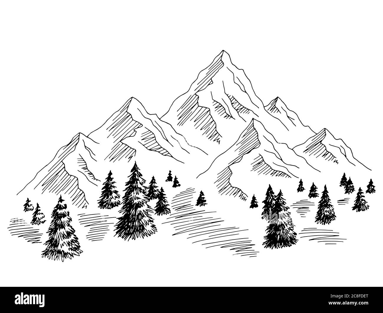 Berge Hügel Grafik schwarz weiß Landschaft Skizze Illustration Vektor Stock Vektor