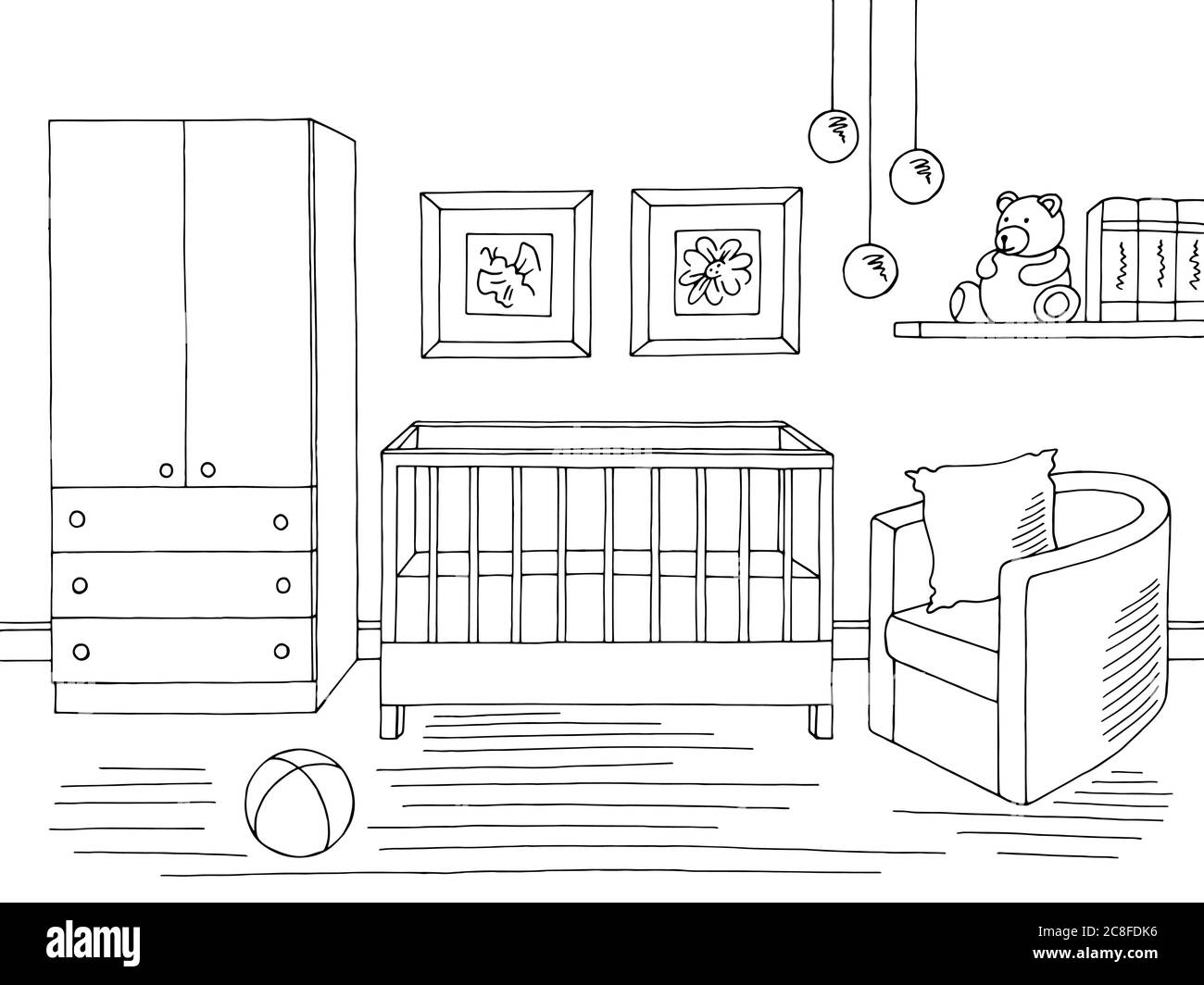 Baby Zimmer Grafik schwarz weiß Innenraum Skizze Illustration Vektor Stock Vektor