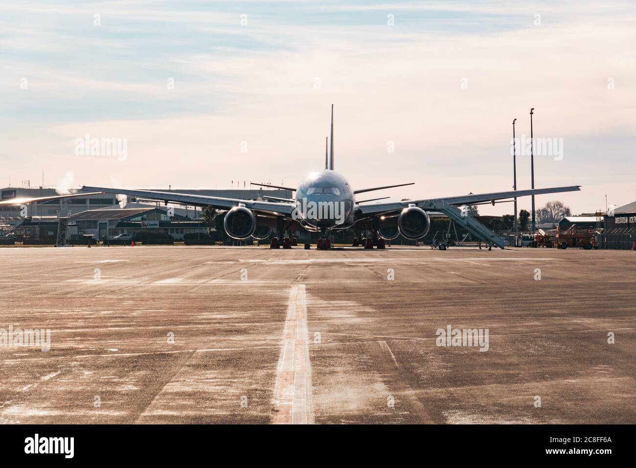 Air New Zealand Boeing 777 parkte im Lager am Flughafen Christchurch während der COVID-19 Pandemie, die Flugreisenachfrage Einbruch sah Stockfoto