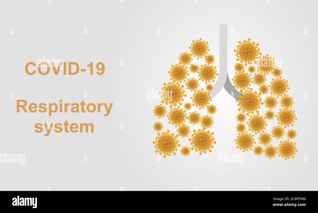 Coronaviren wirken auf das menschliche Atmungssystem und die Lunge, Kopierraum, Coronavirus-Banner-Design mit infizierten Lungen und Atemsystem. Stock Vektor