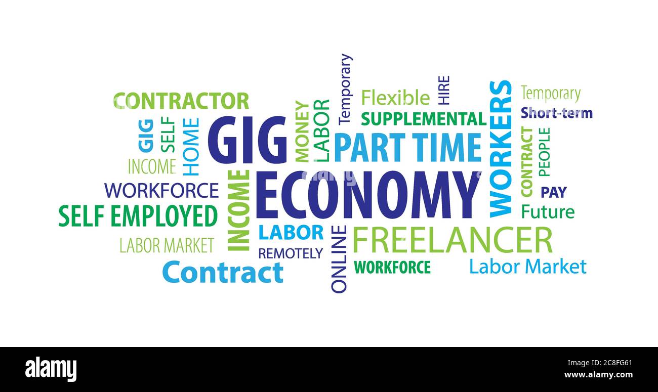 Illustration von Wörtern im Zusammenhang mit der Gig Wirtschaft in verschiedenen Größen isoliert auf weißem Hintergrund Stockfoto